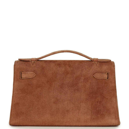 Hermès suede Kelly-style pochette back panel with handle and flap corners, fauve