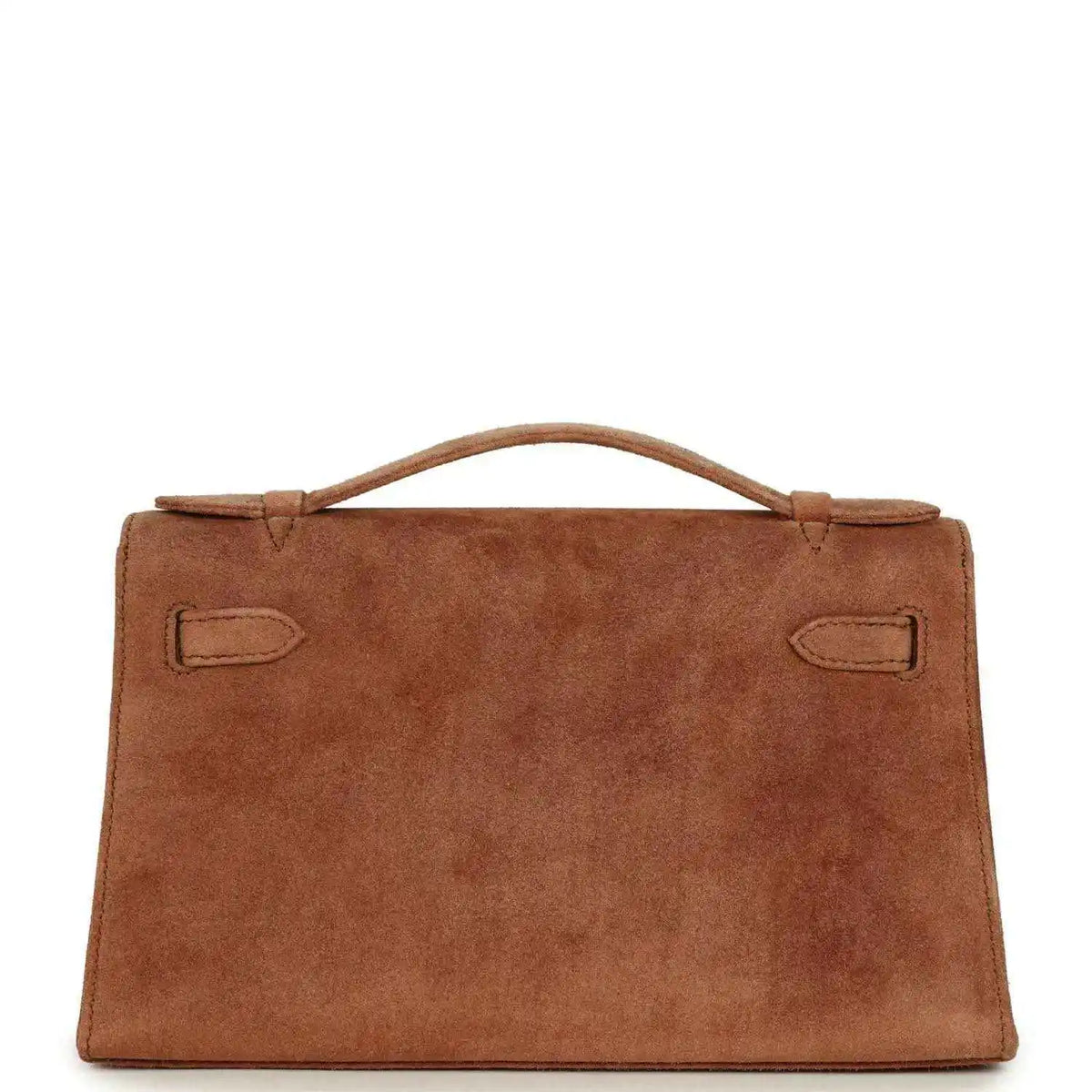 Hermès suede Kelly-style pochette back panel with handle and flap corners, fauve
