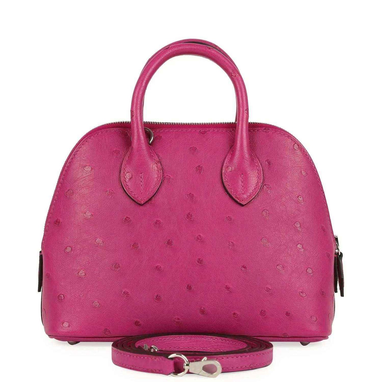 Mini Bolide bag in rose purple ostrich leather with top handles and crossbody strap.