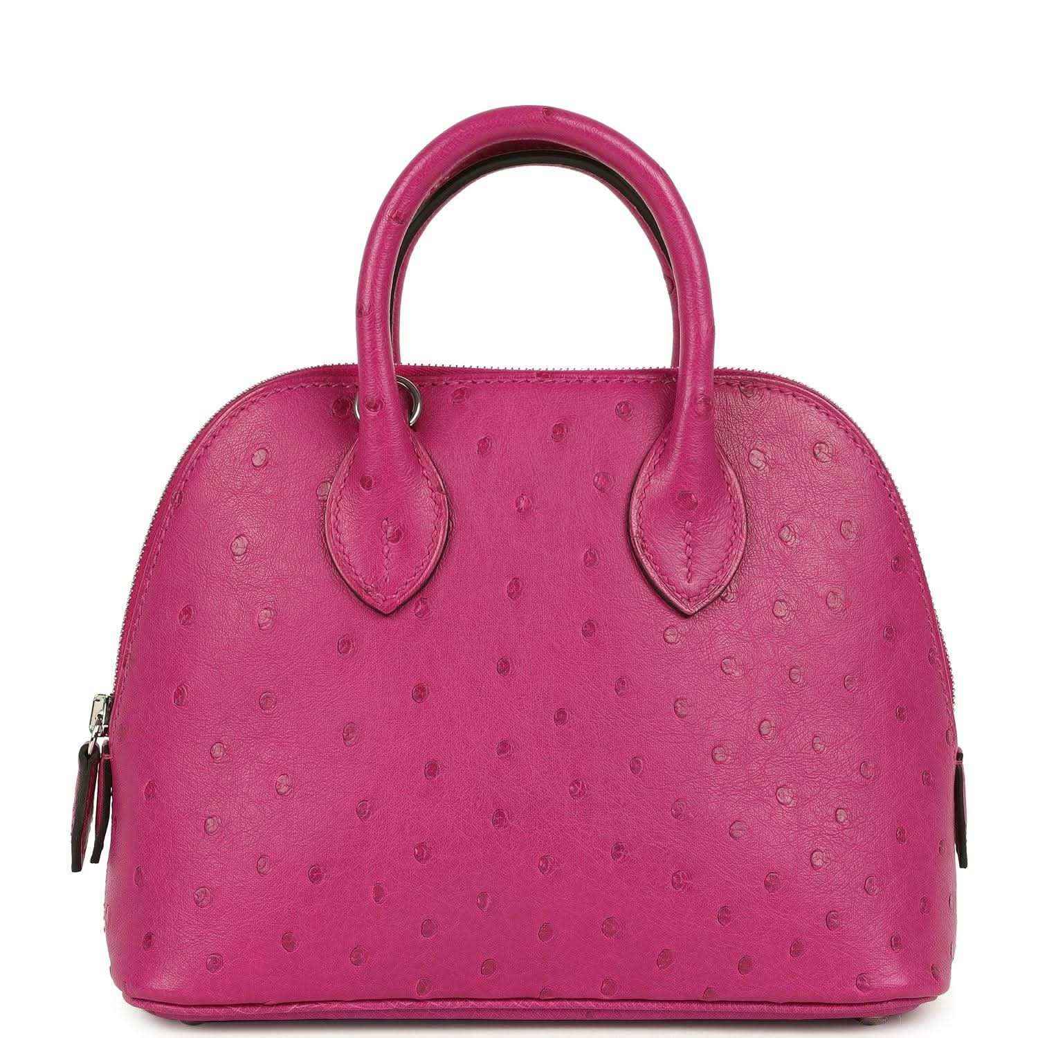 Mini Bolide bag front view in rose purple ostrich leather with twin handles and zip.