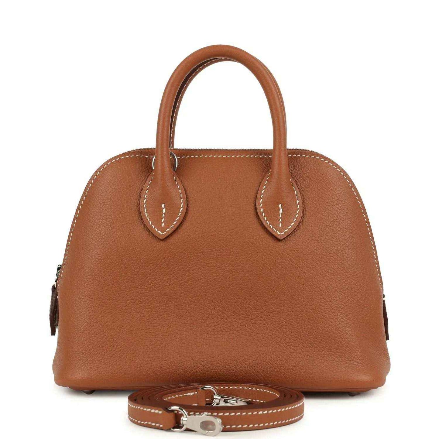 Mini Bolide handbag in cognac leather with two top handles and detachable strap