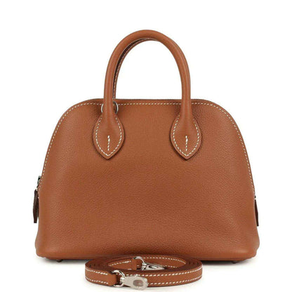 Mini Bolide handbag in cognac leather with two top handles and detachable strap