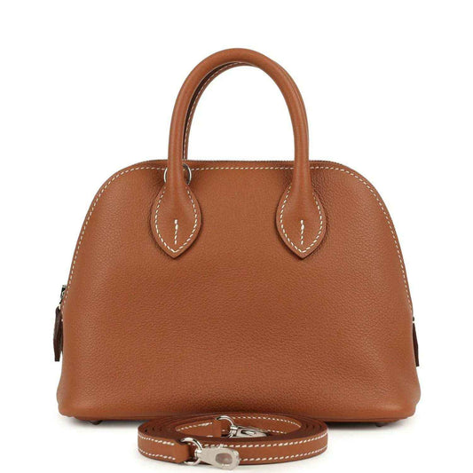 Mini Bolide handbag in cognac leather with two top handles and detachable strap