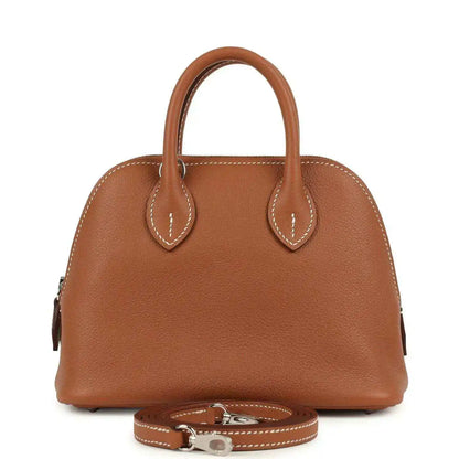Mini Bolide handbag in cognac leather with two top handles and detachable strap