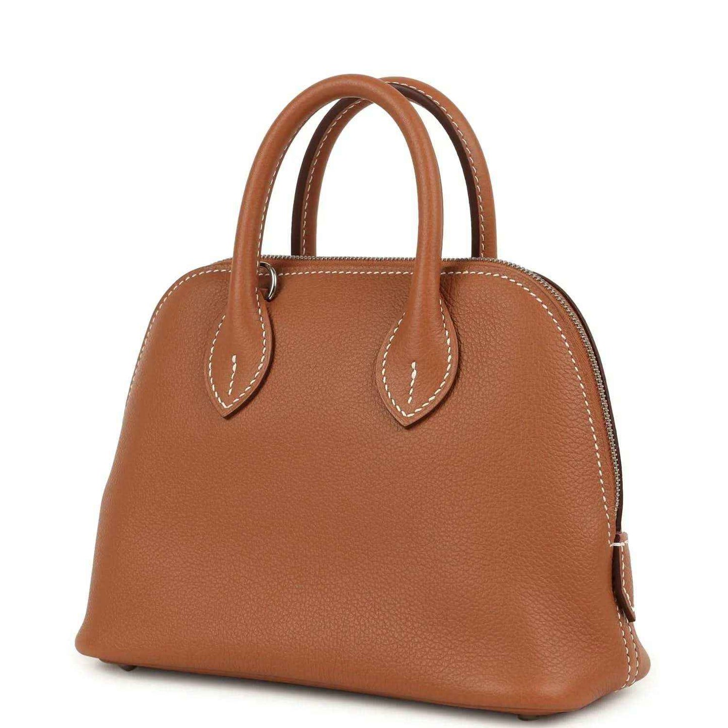 Mini Bolide handbag in cognac leather with double handles and side pull detail