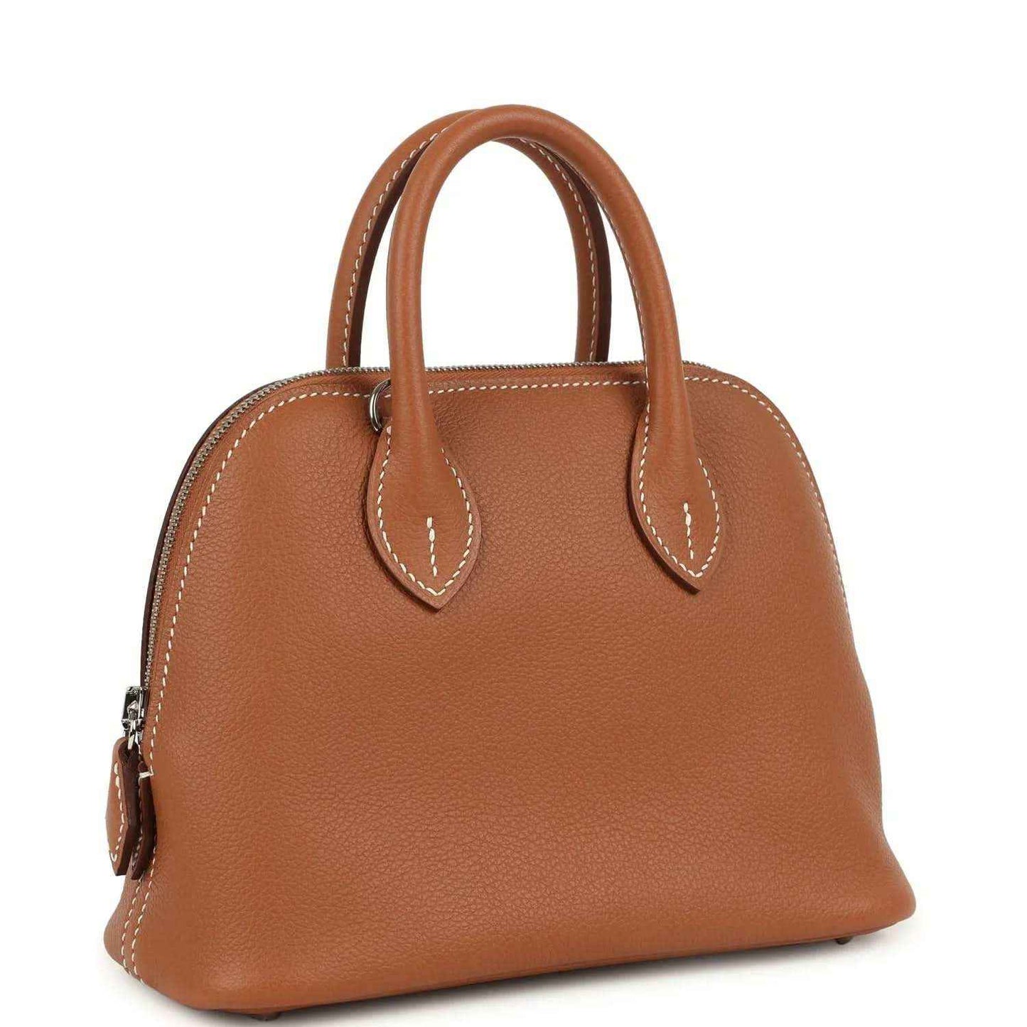 Mini Bolide handbag in cognac leather with two top handles and stitched front panel