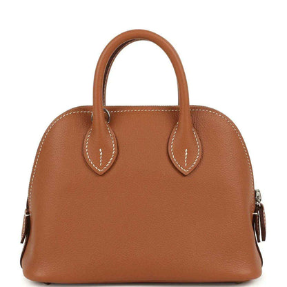 Mini Bolide handbag in cognac leather with two top handles and center front seam