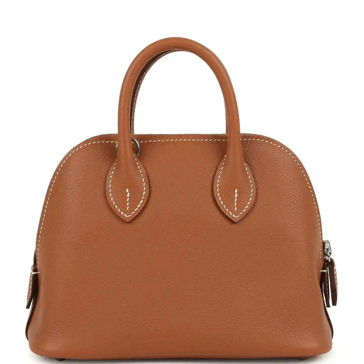 Mini Bolide handbag in cognac leather with two top handles and center front seam