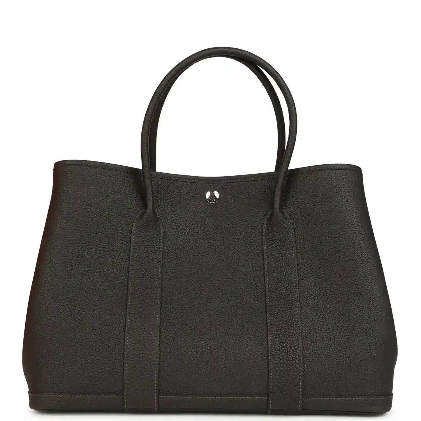 Leather tote bag with top handles and gold-tone clasp, dark brown, front panel.