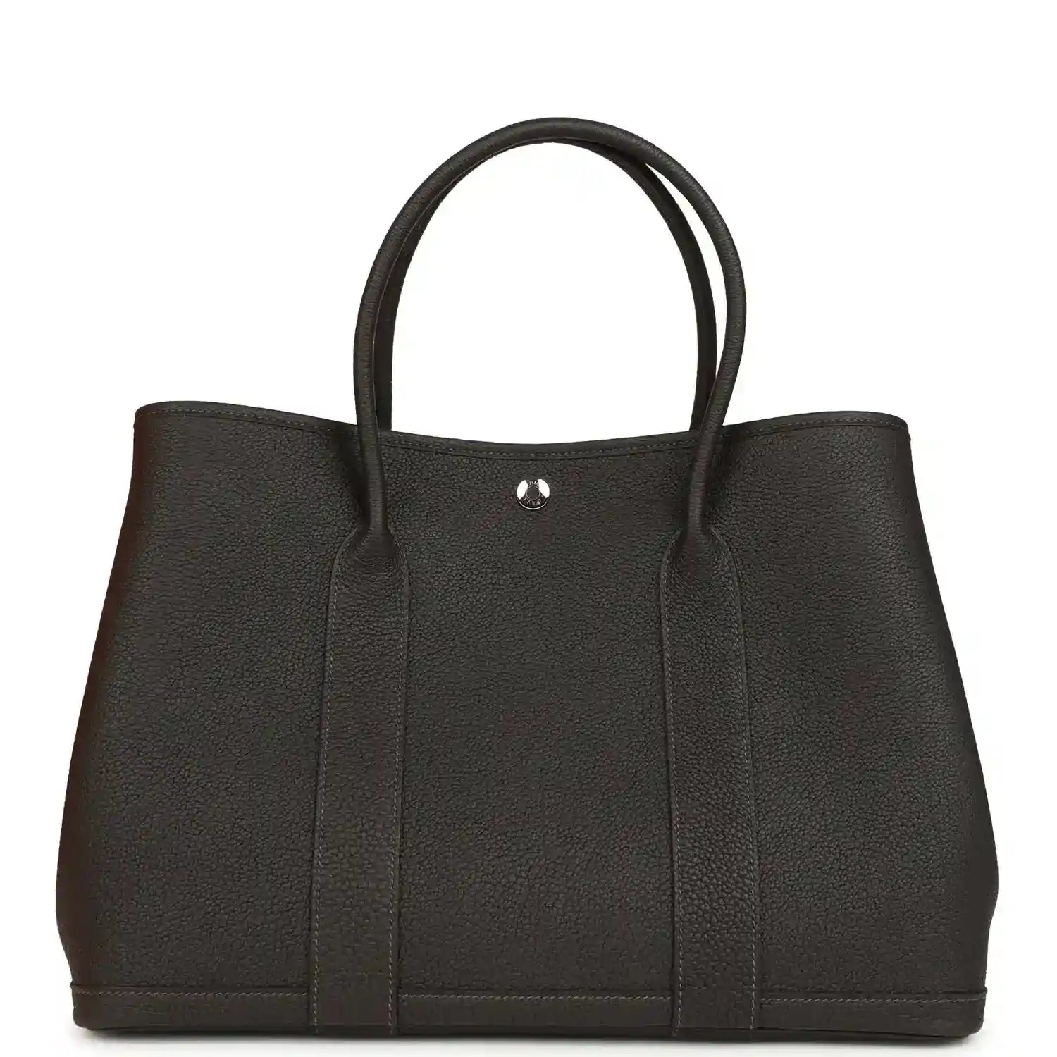 Leather tote bag with top handles and gold-tone clasp, dark brown, front panel.