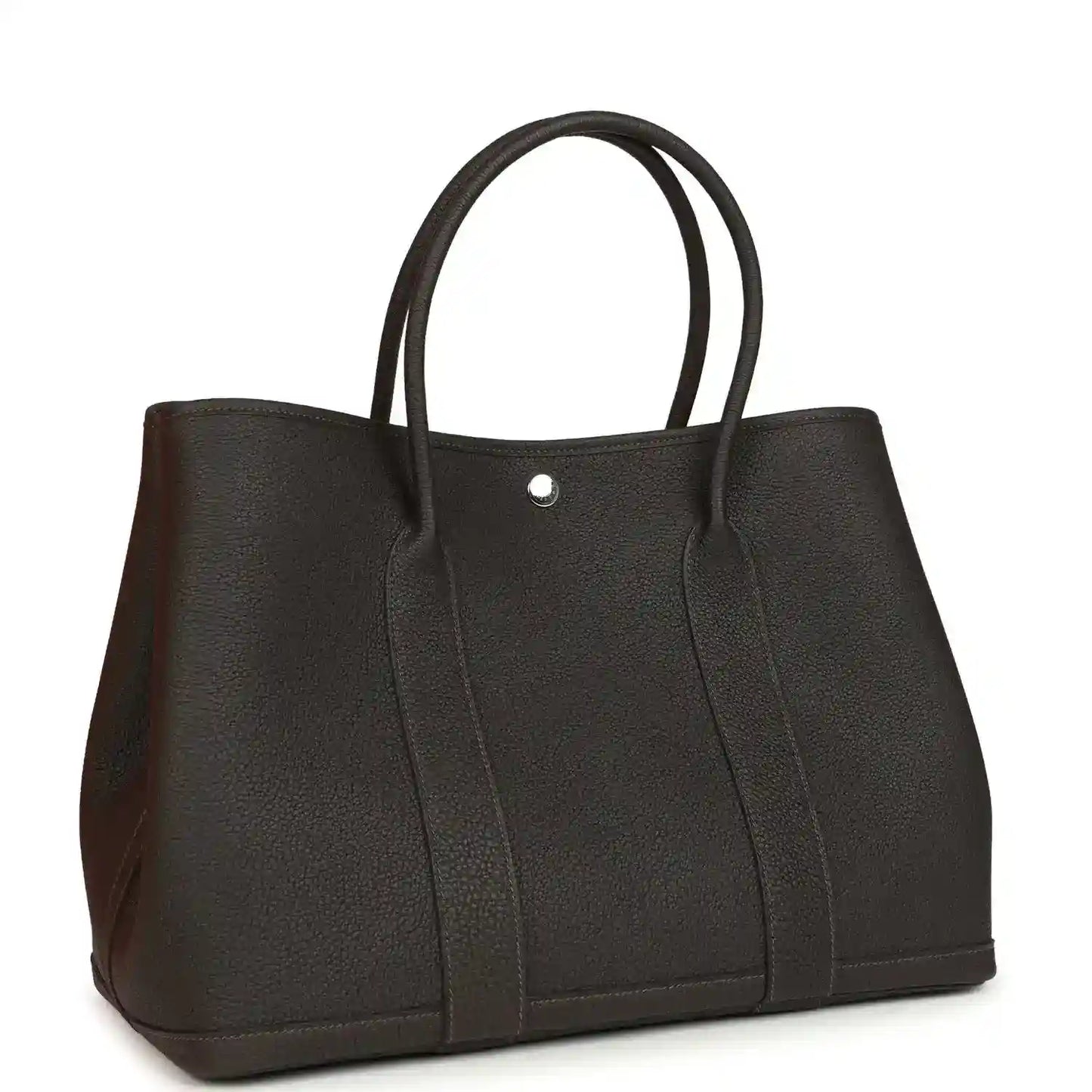 Leather tote bag with top handles, dark brown front with central vertical panels.