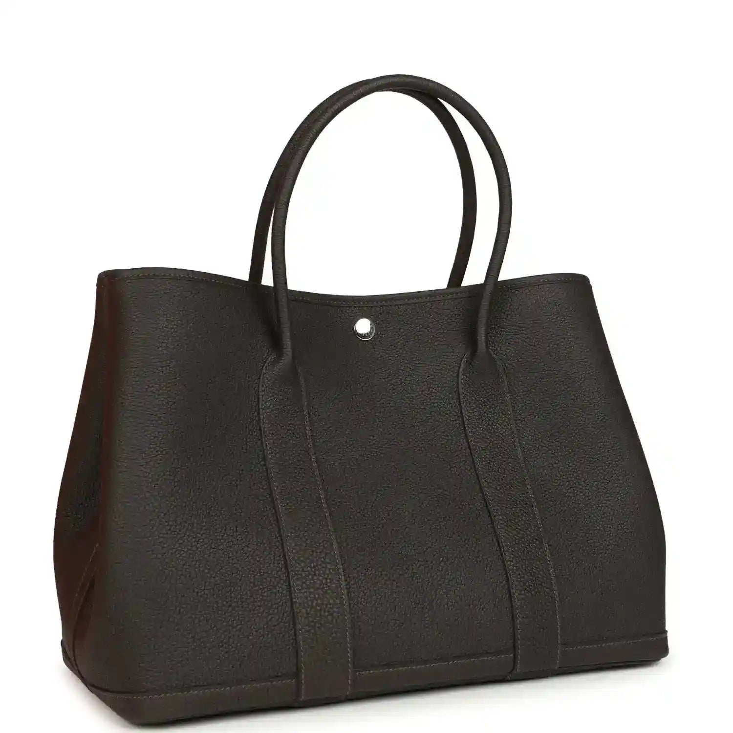 Leather tote bag with top handles, dark brown front with central vertical panels.