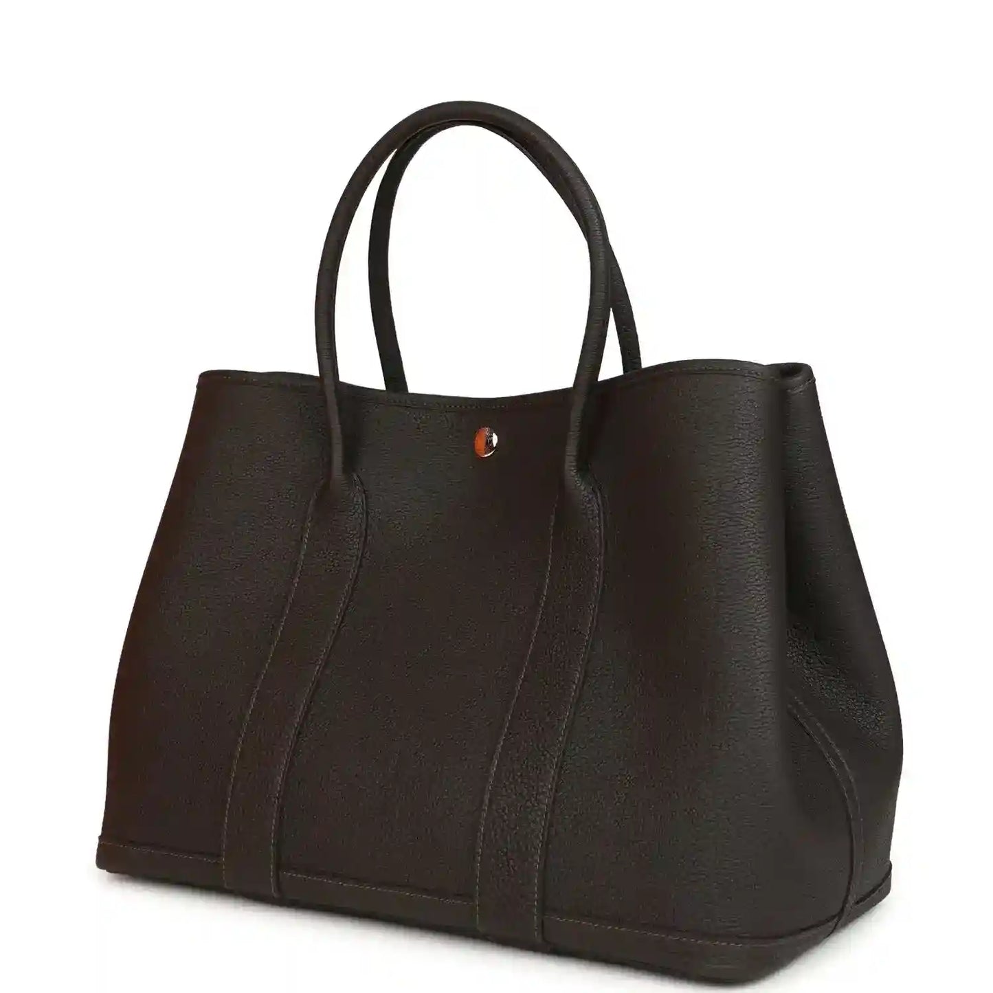Leather tote bag with top handles and small logo plaque, dark brown, front panel.