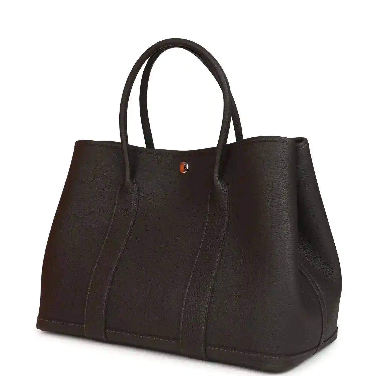 Leather tote bag with top handles and small logo plaque, dark brown, front panel.