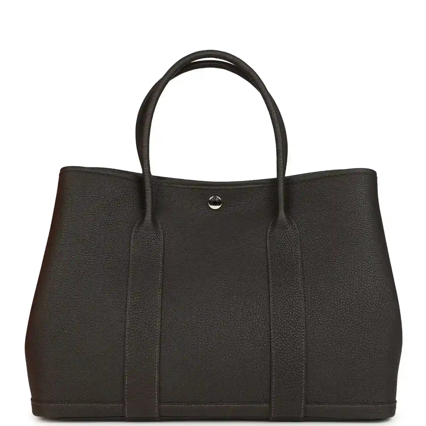 Leather tote bag front view with top handles and small metal clasp, dark brown.