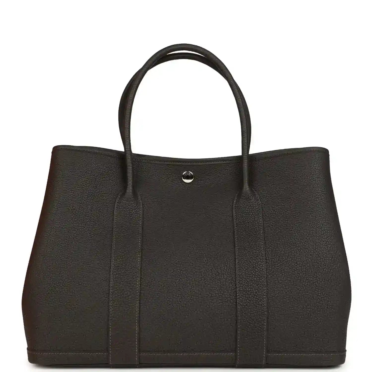 Leather tote bag front view with top handles and small metal clasp, dark brown.