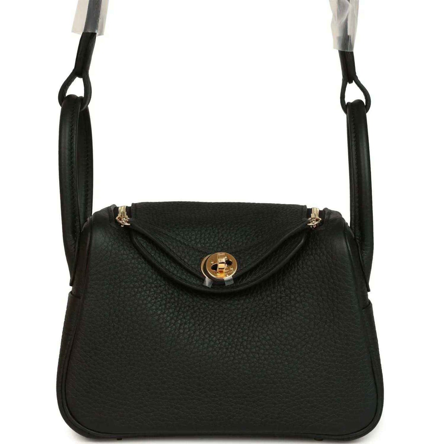 Hermes Mini Lindy II mini bag in black textured leather with gold turn-lock and loop handles