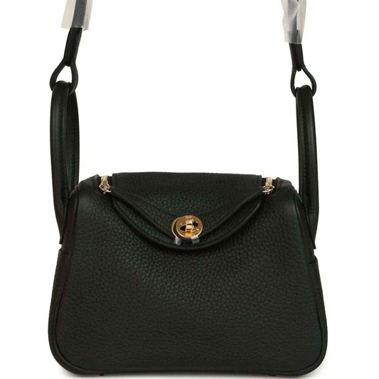 Hermes Mini Lindy II mini bag in black textured leather with gold turn-lock and loop handles