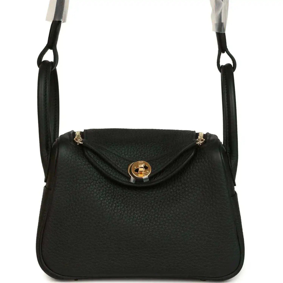 Hermes Mini Lindy II mini bag in black textured leather with gold turn-lock and loop handles