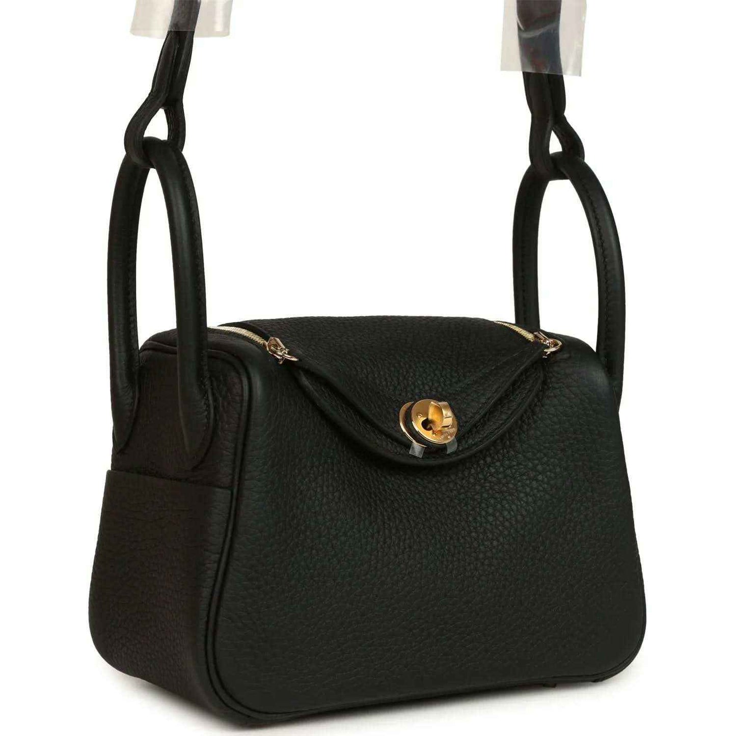 Hermes Mini Lindy II mini bag, black textured leather, gold turn-lock and loop handles