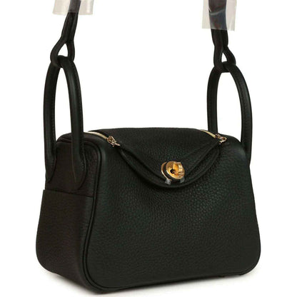 Hermes Mini Lindy II mini bag, black textured leather, gold turn-lock and loop handles