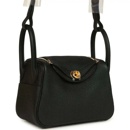Hermes Mini Lindy II mini bag, black textured leather, gold turn-lock and loop handles