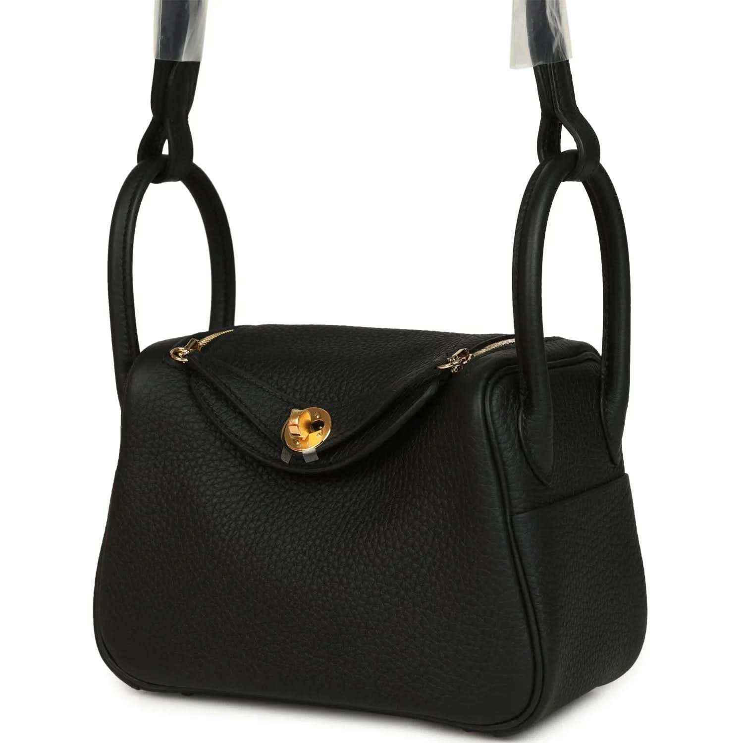 Hermes Mini Lindy II mini bag in black textured leather with gold turn-lock and side pocket