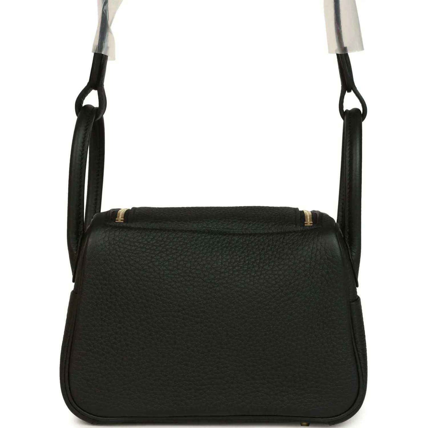 Hermes Mini Lindy II mini bag in black textured leather with front flap and loop handles