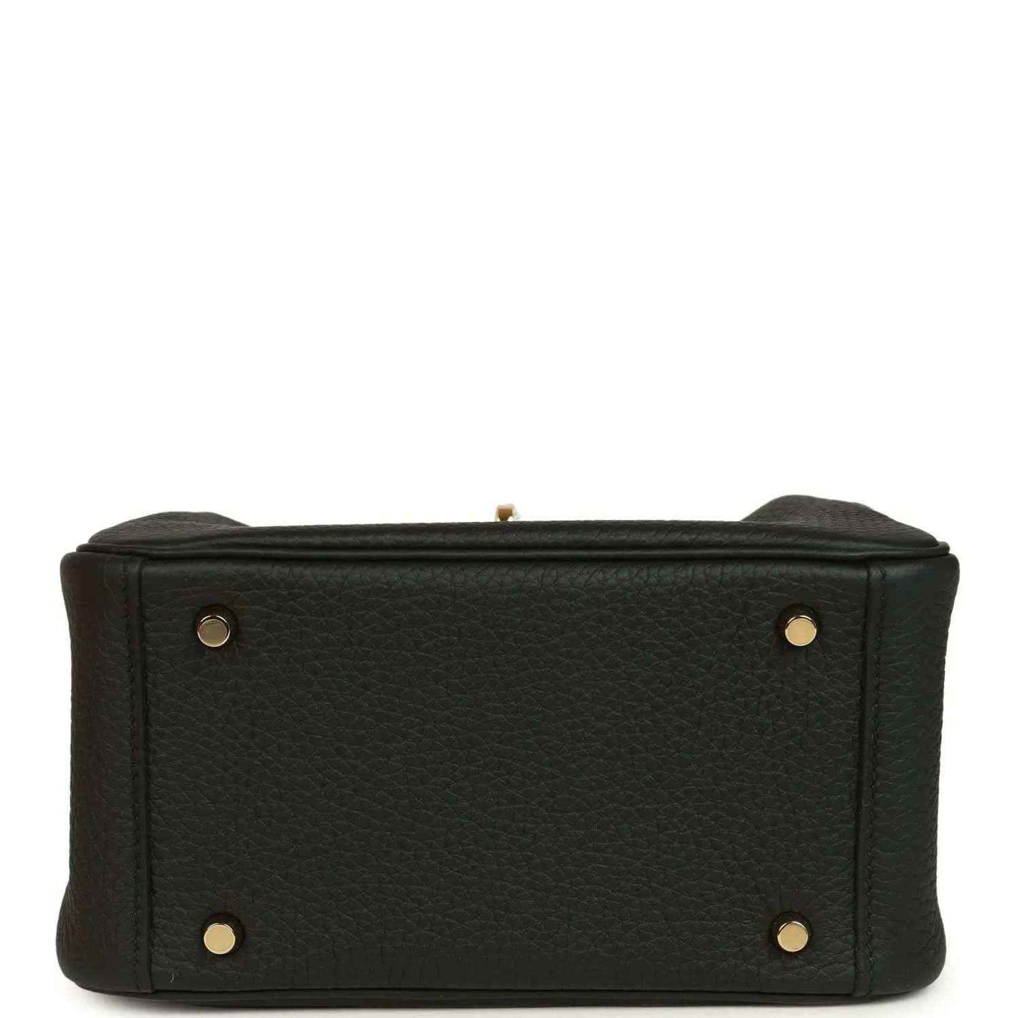Hermes Mini Lindy II mini bag bottom view in black textured leather with gold studs