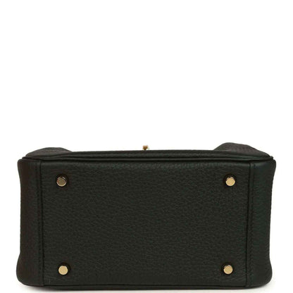Hermes Mini Lindy II mini bag bottom view in black textured leather with gold studs