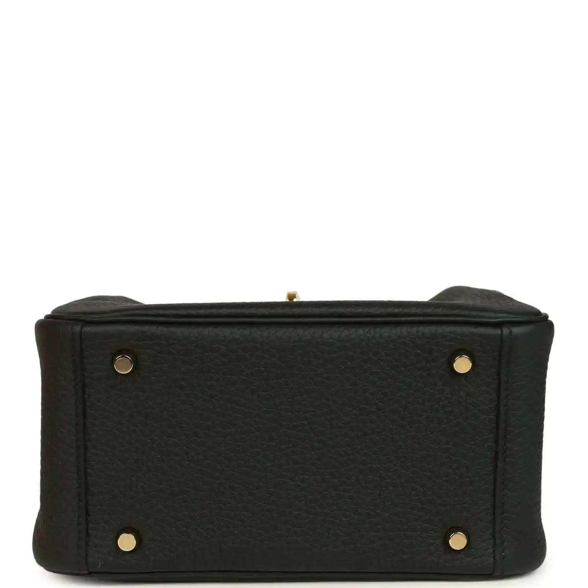 Hermes Mini Lindy II mini bag bottom view in black textured leather with gold studs