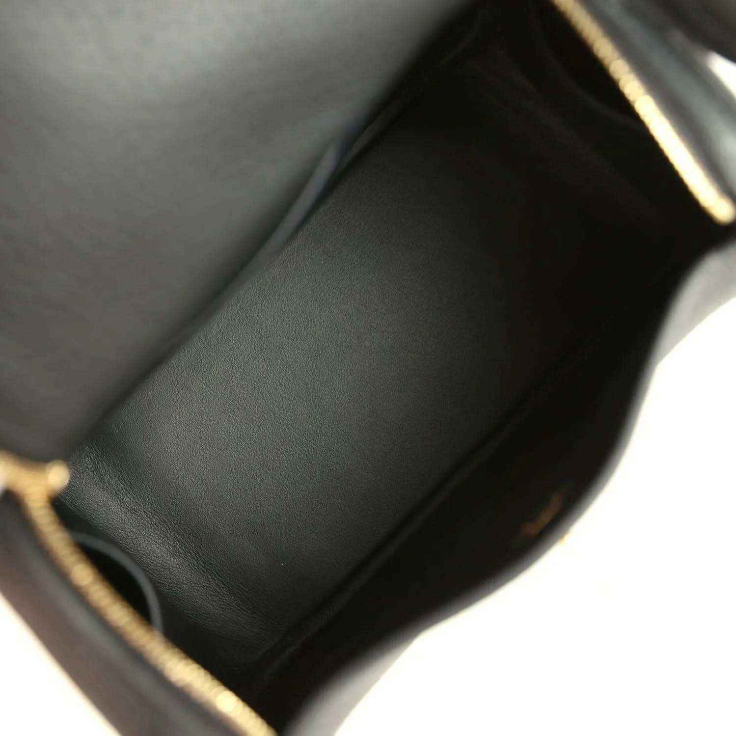 Hermes Mini Lindy II bag interior in black leather lining with gold-trimmed edge