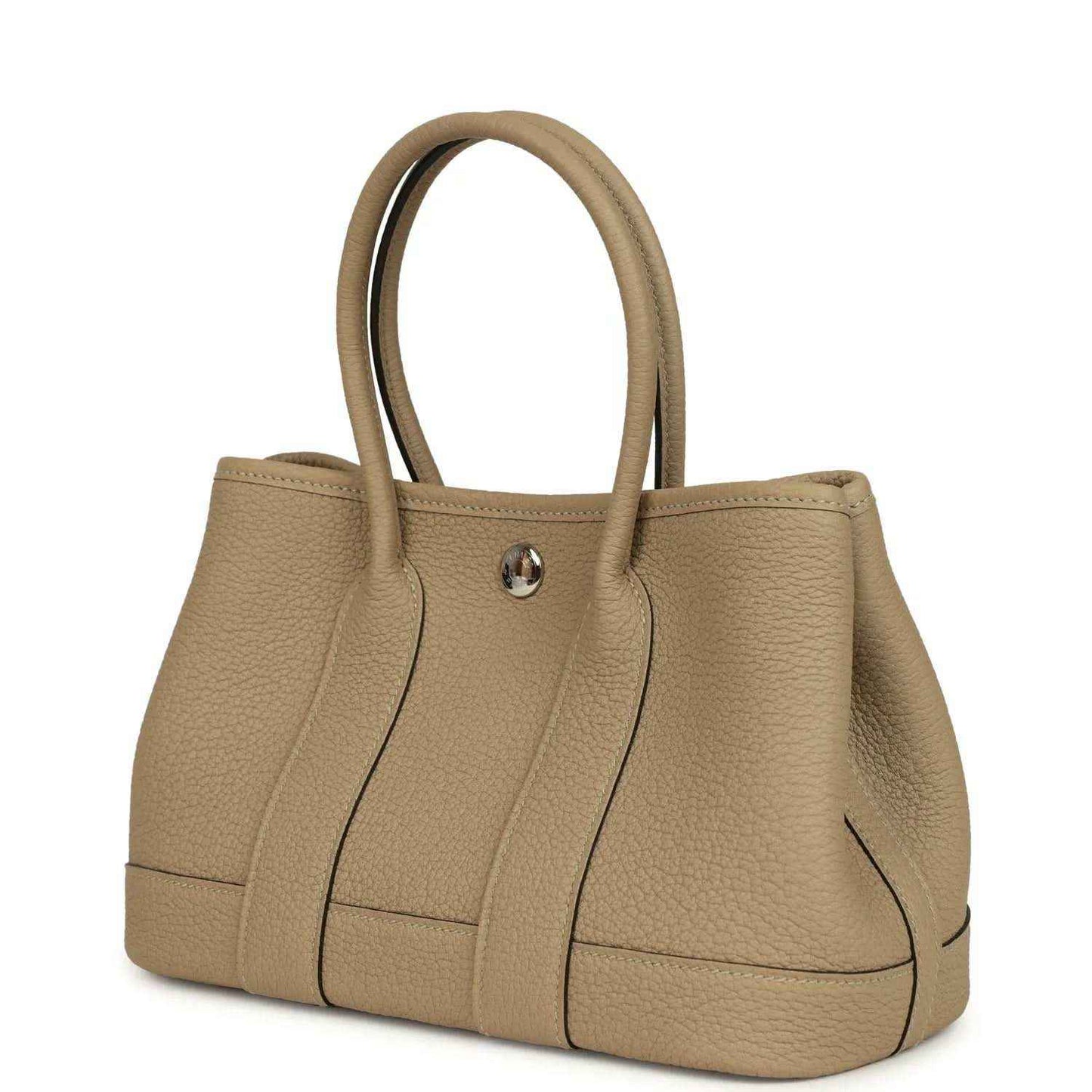 Trench leather tote with top handles and structured front panels
