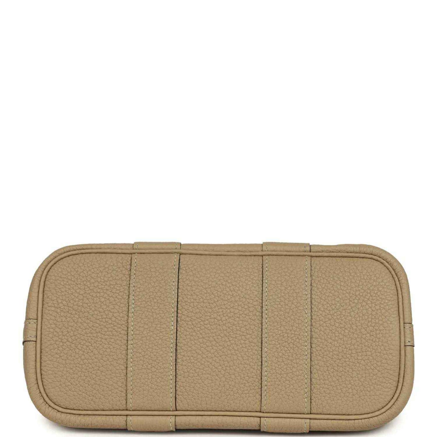 Trench leather tote front panel with stitched seams and rounded edges