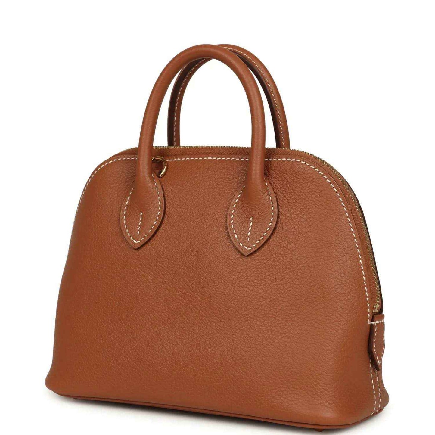 Hermes Bolide mini bag angled front in brown leather with top handles and side clasp