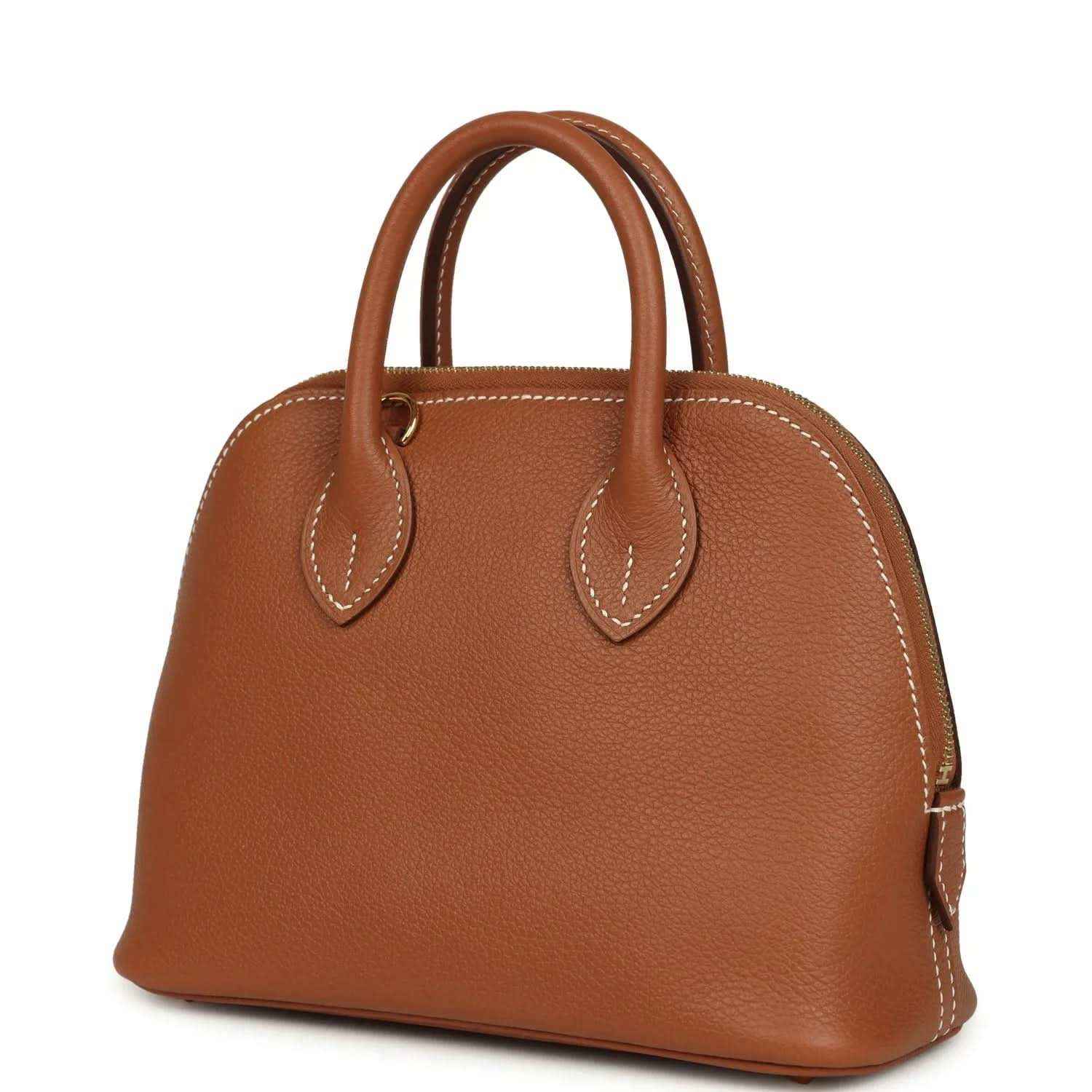 Hermes Bolide mini bag angled front in brown leather with top handles and side clasp