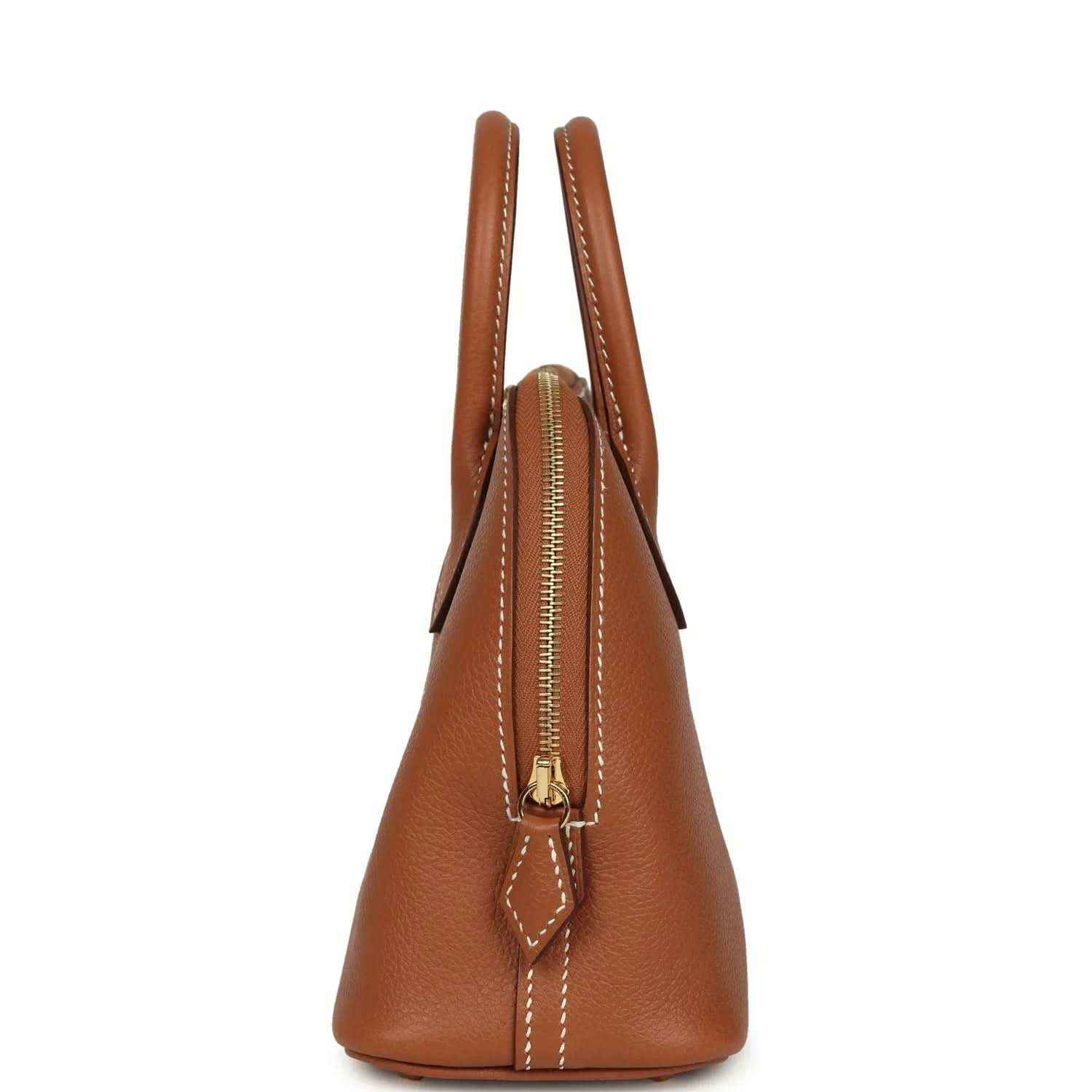 Hermes Bolide mini bag viewed from side: brown leather with zip and hanging charm