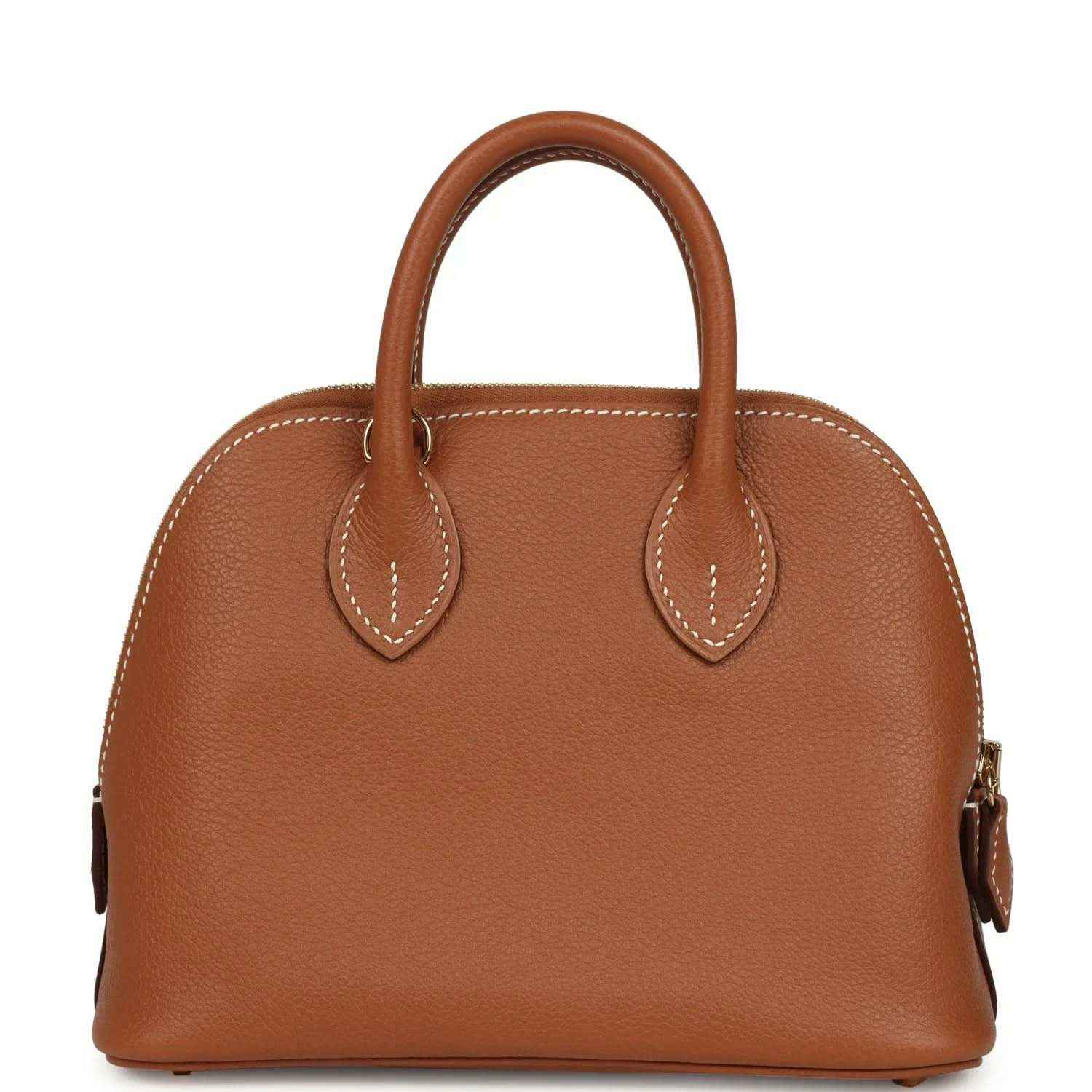 Hermes Bolide mini bag front: brown leather with double handles and decorative stitched panel