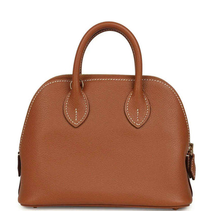 Hermes Bolide mini bag front: brown leather with double handles and decorative stitched panel