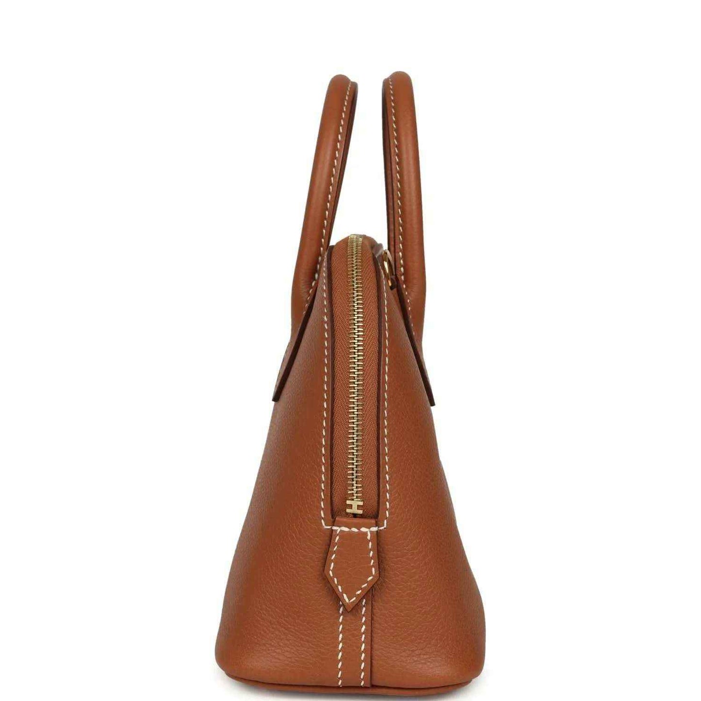 Hermes Bolide mini bag side view with brown leather, vertical seam and zipper pull