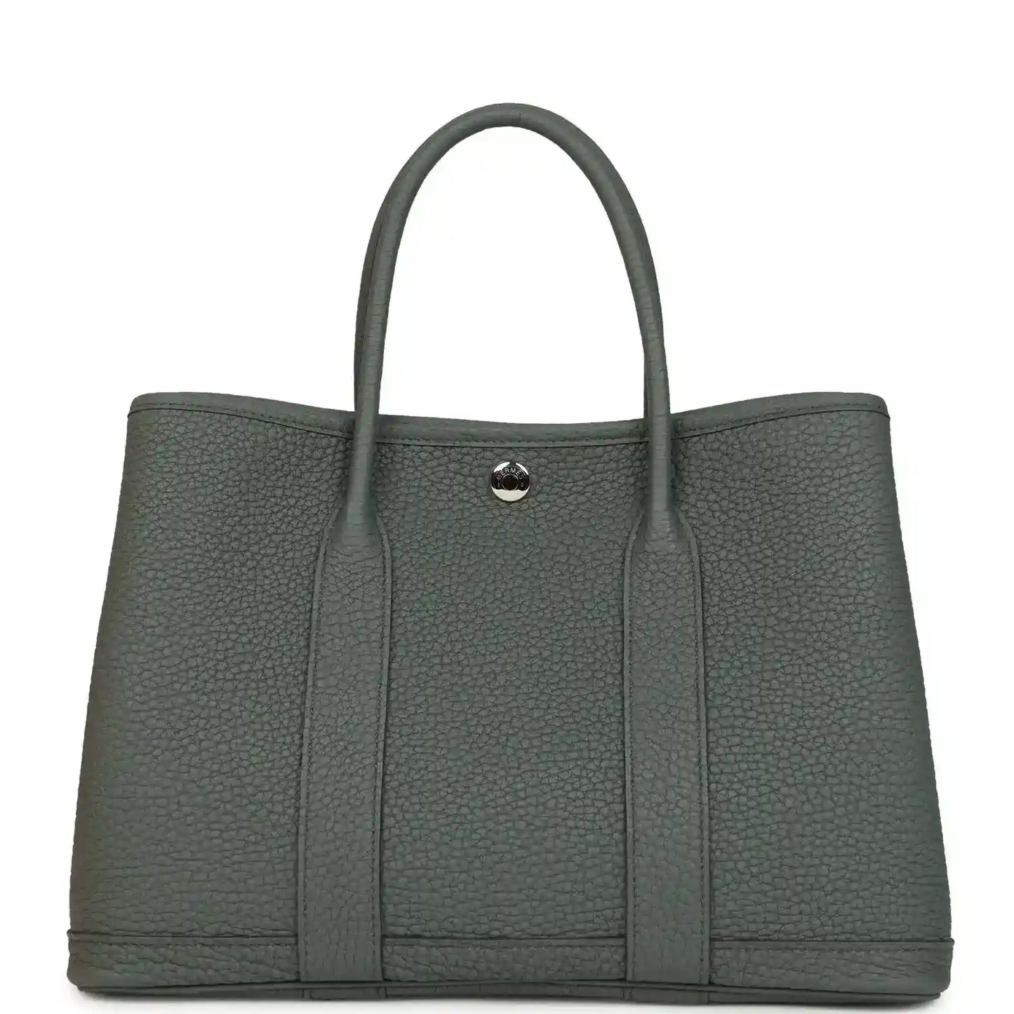 Structured leather tote bag with top handles and snap front tab, textured dark green