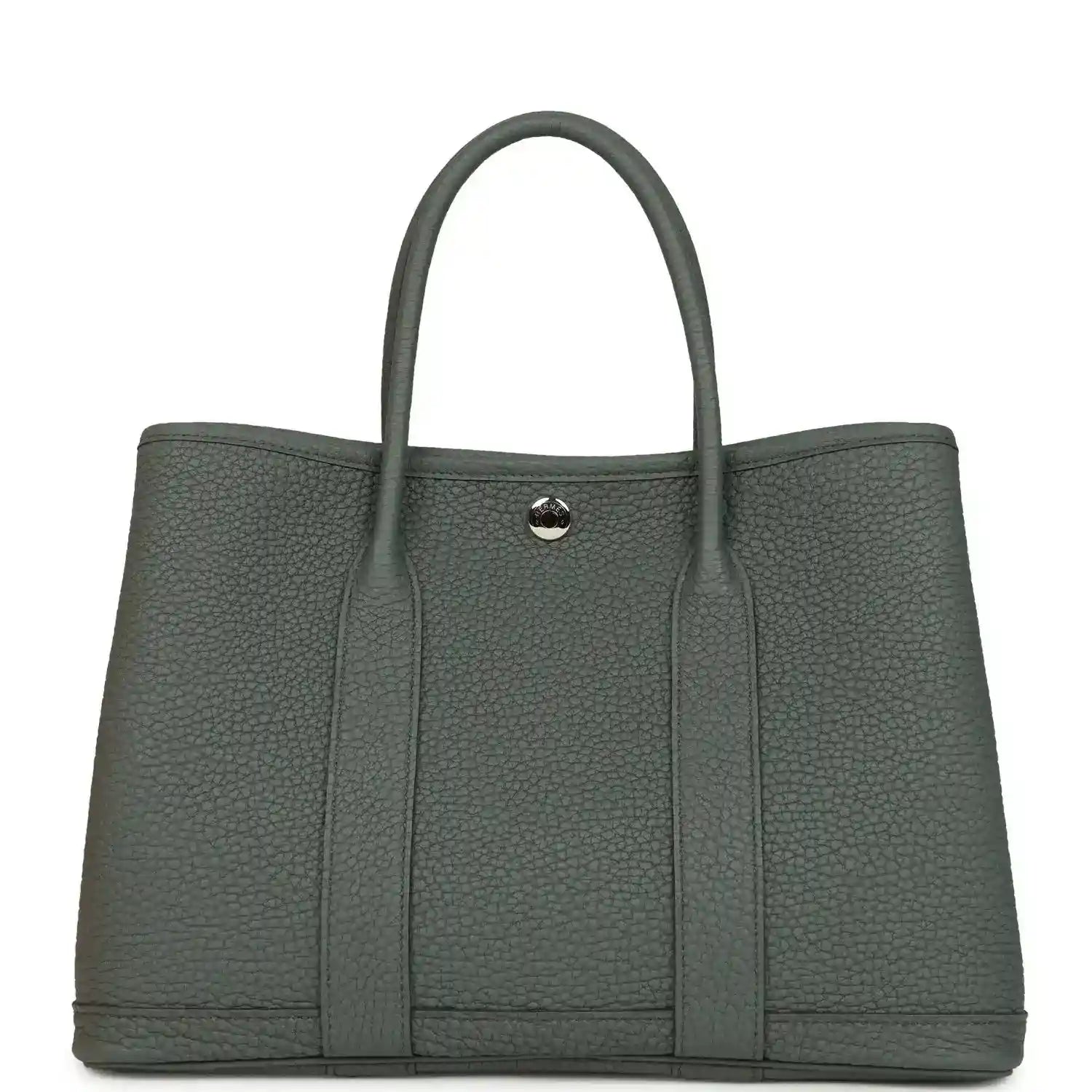 Structured leather tote bag with top handles and snap front tab, textured dark green
