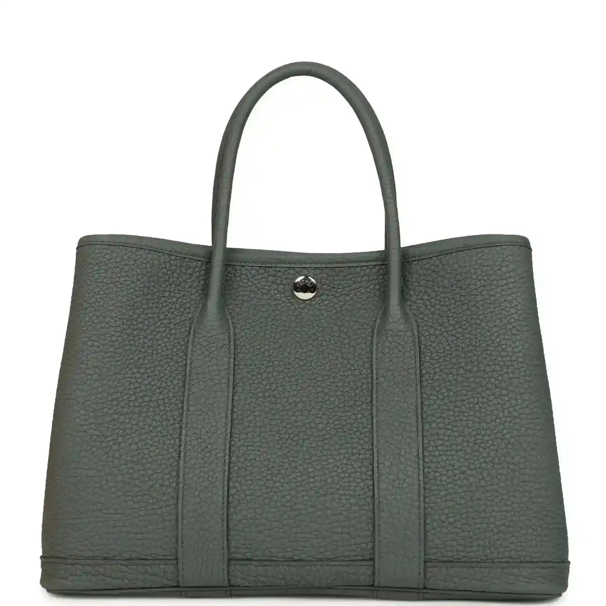 Structured leather tote bag with top handles and snap front tab, textured dark green