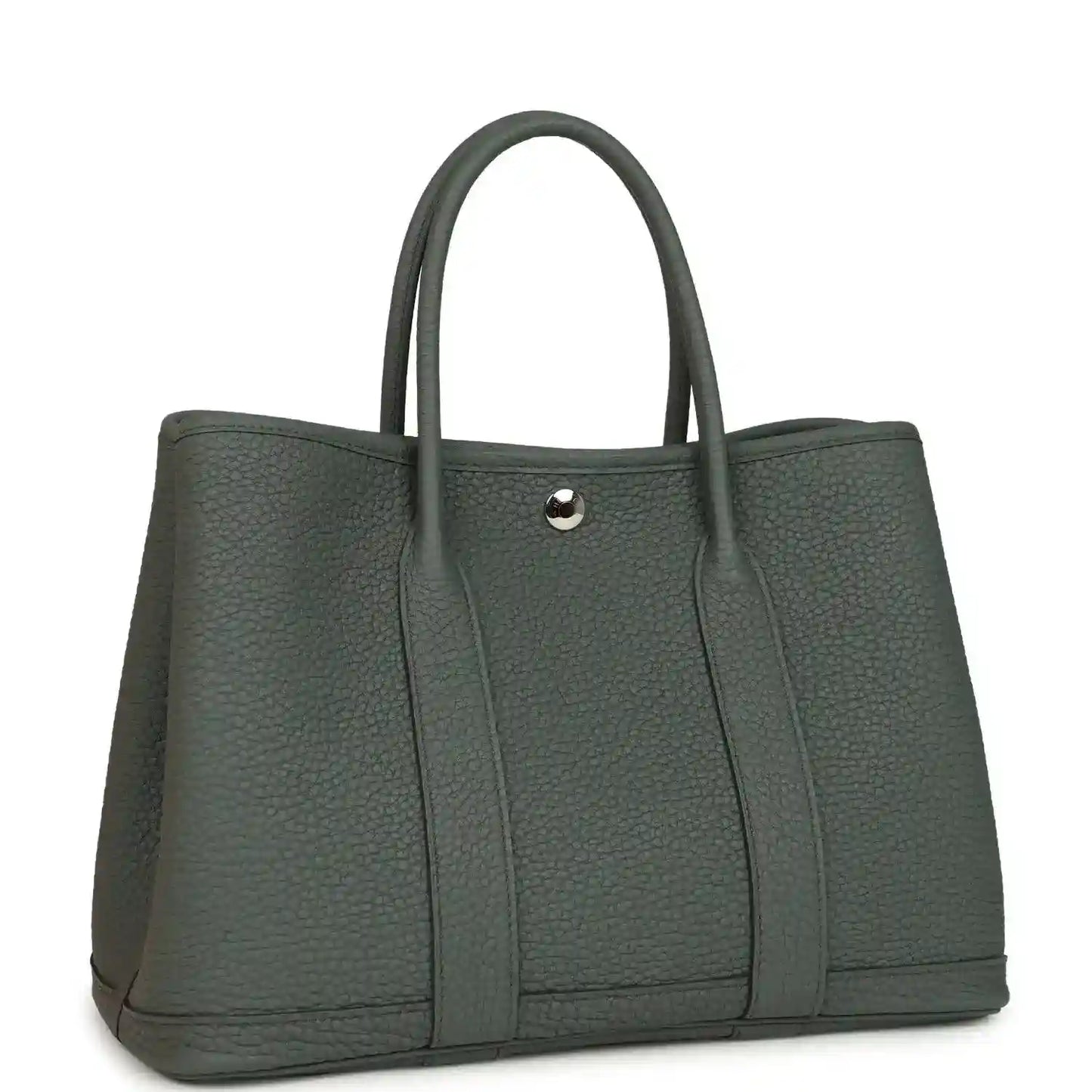 Leather tote bag with top handles and snap front tab, textured dark green exterior