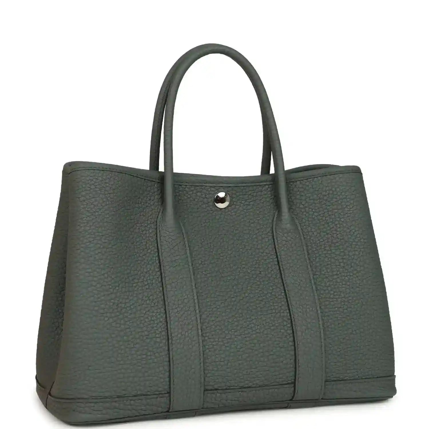 Leather tote bag with top handles and snap front tab, textured dark green exterior
