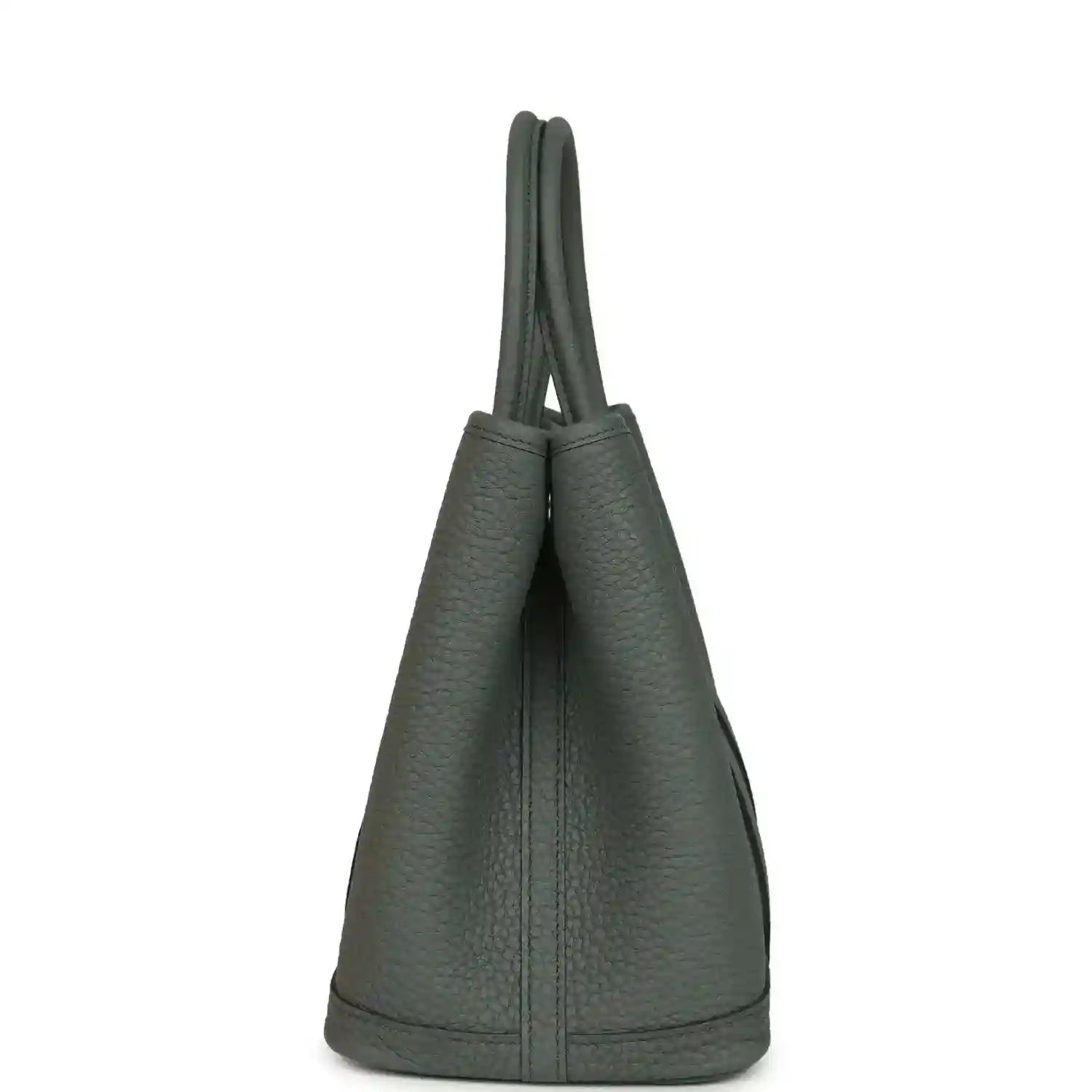 Leather tote bag with tall top handles and side profile, textured dark green