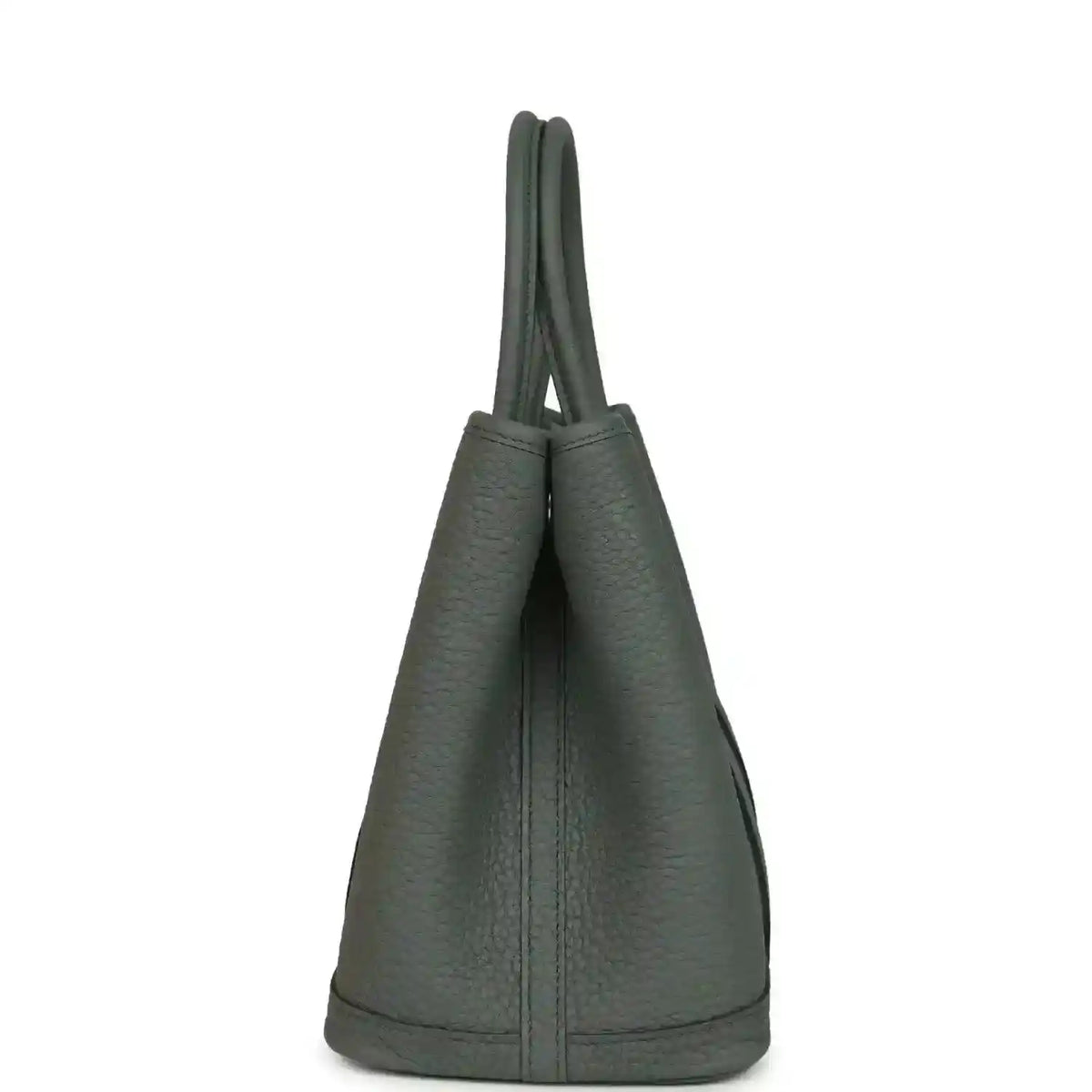 Leather tote bag with tall top handles and side profile, textured dark green