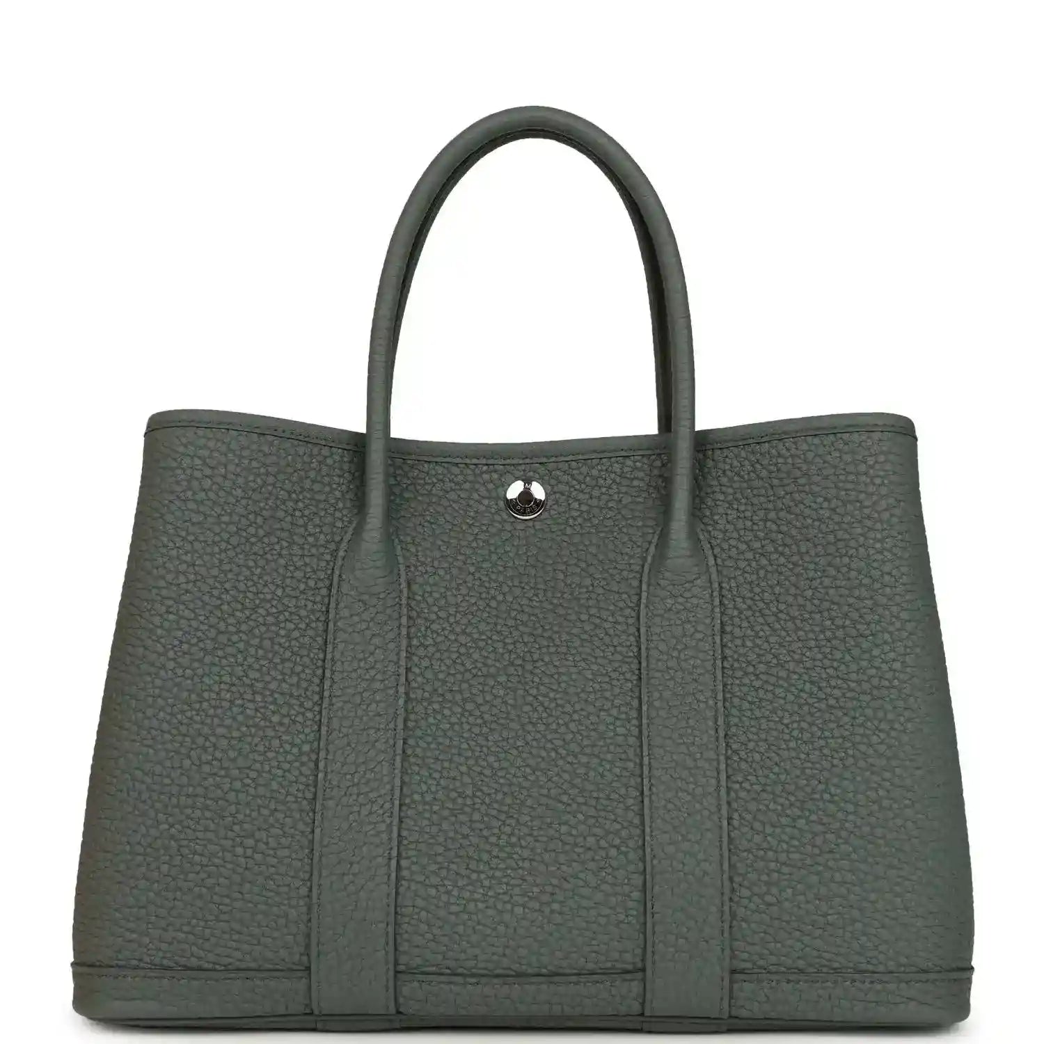Leather tote bag with top handles and snap front tab, textured dark green