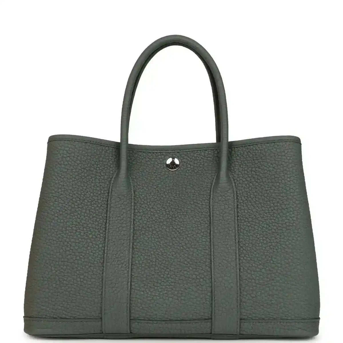 Leather tote bag with top handles and snap front tab, textured dark green