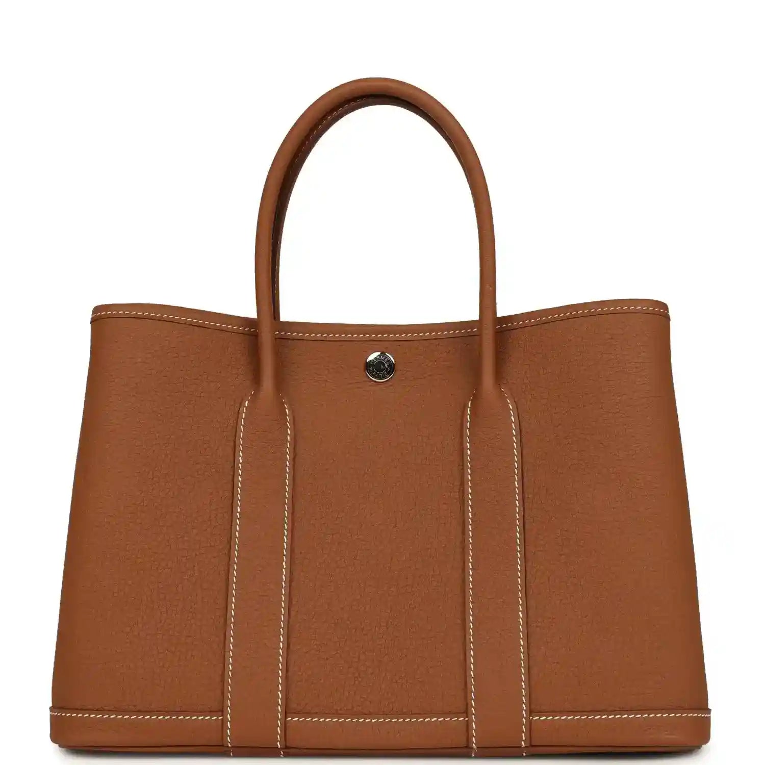 Brown leather tote bag with two top handles and a gold-tone snap on front